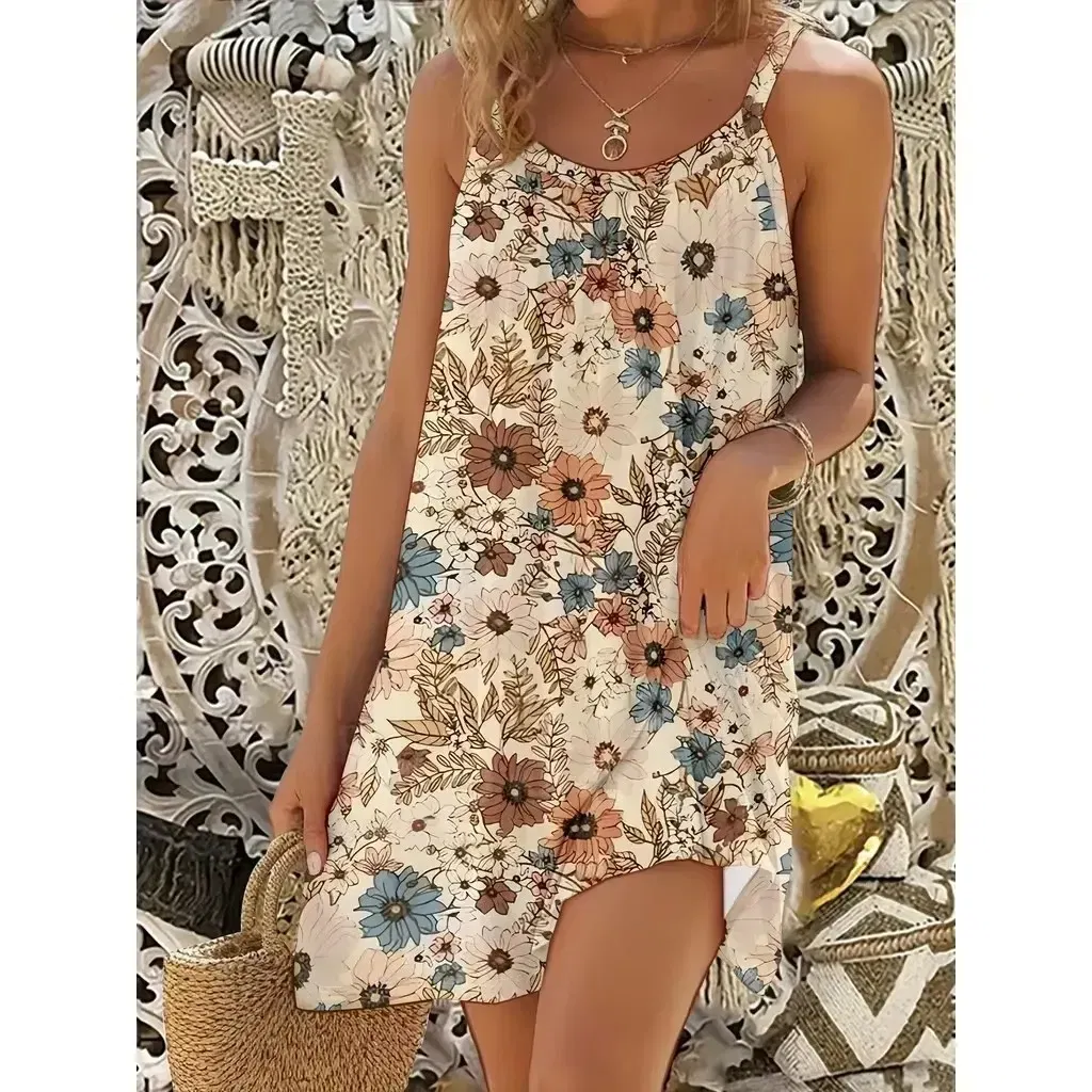 Color: Gold, Size: S - 2025 Women's Summer Sleeveless Print Casual Dress Summer Dress for Holiday Women Clothing  Summer Dress  Mini Dress