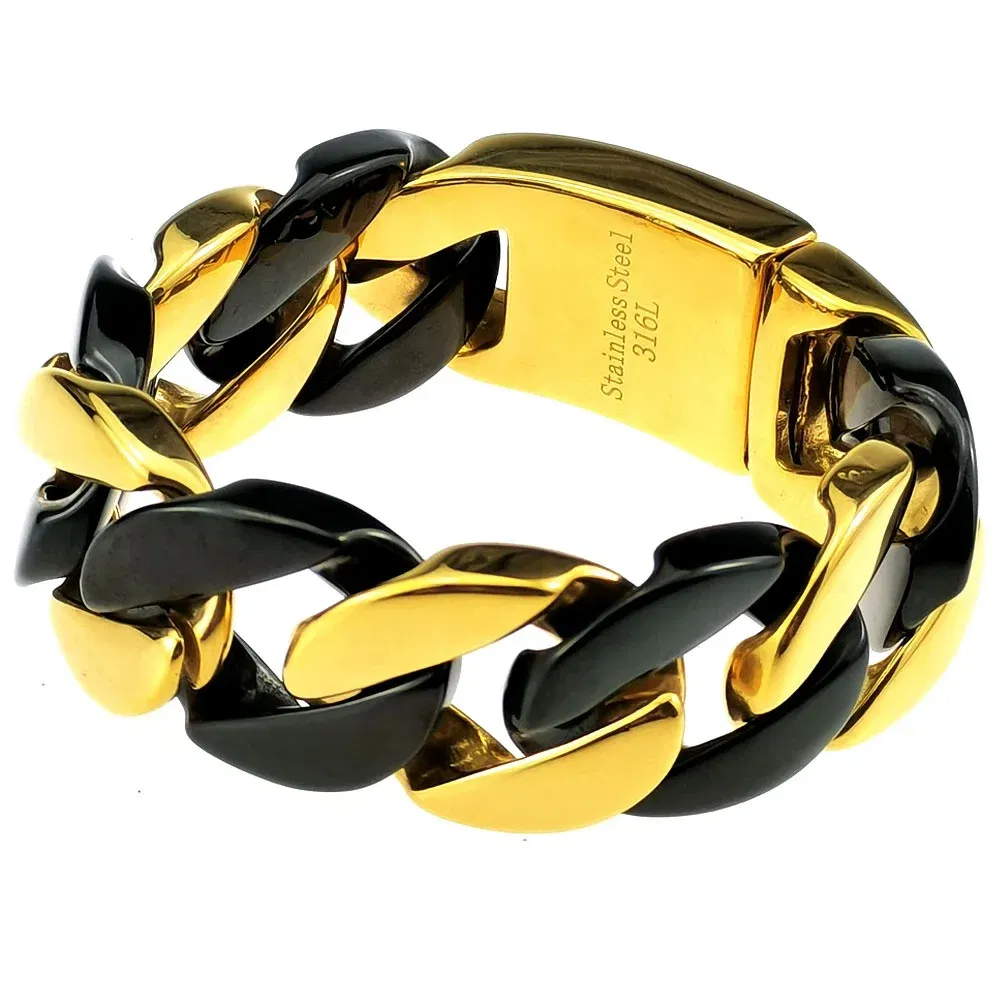 Length: 50cm, Main Stone Color: Blue - 316L Stainless Steel  and Black Tone Curb 24mm Solid Heavy Long Necklace + Bracelet Jewelry