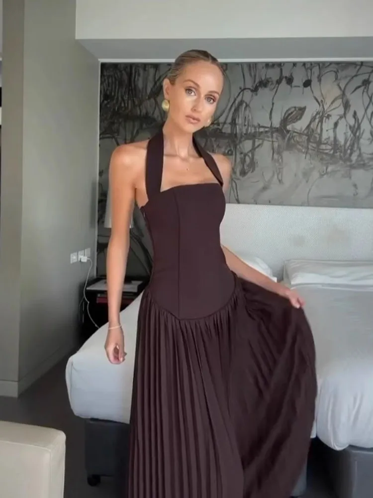 Color: Brown, Size: S, Ships From: CHINA - 2025 Summer Women Off Shoulder Backless Maxi Dress Sexy Halter Neck Slim Waist Ruffle Hem Long Dress