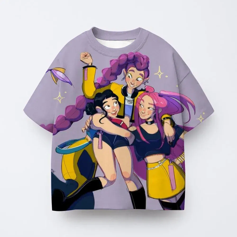 Color: SKY BLUE, Kid Size: 6 - Toddler Girl Clothes Kpop Demon Hunters Cartoon Tee Shirt Funny Gift for Fans Harajuku Cool Kids T-shirts Cotton Summer Tops