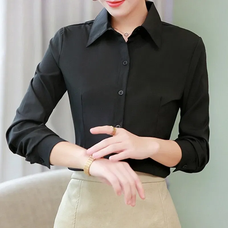 Color: WHITE, Size: XXL - Elegant Women Shirts Woman White Shirt Long Sleeve Blouse Office Lady business Pink Shirts Button Solid Women work Blouses Tops