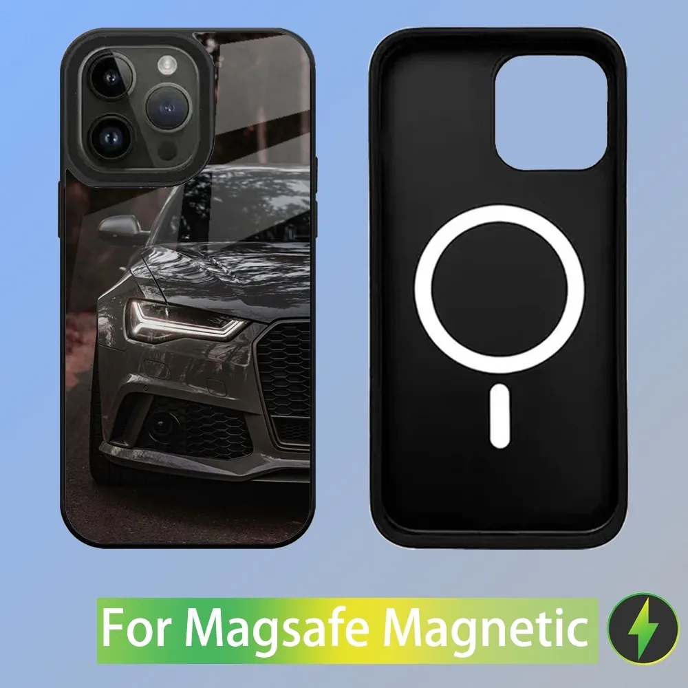 Color: Blue, Material: leather - R-S 6 7 sport car Phone Case For iPhone 16,15,14,13,12,11,Plus,Pro,Max Mini A-AudiS-S Magsafe Magnetic Wireless Charging
