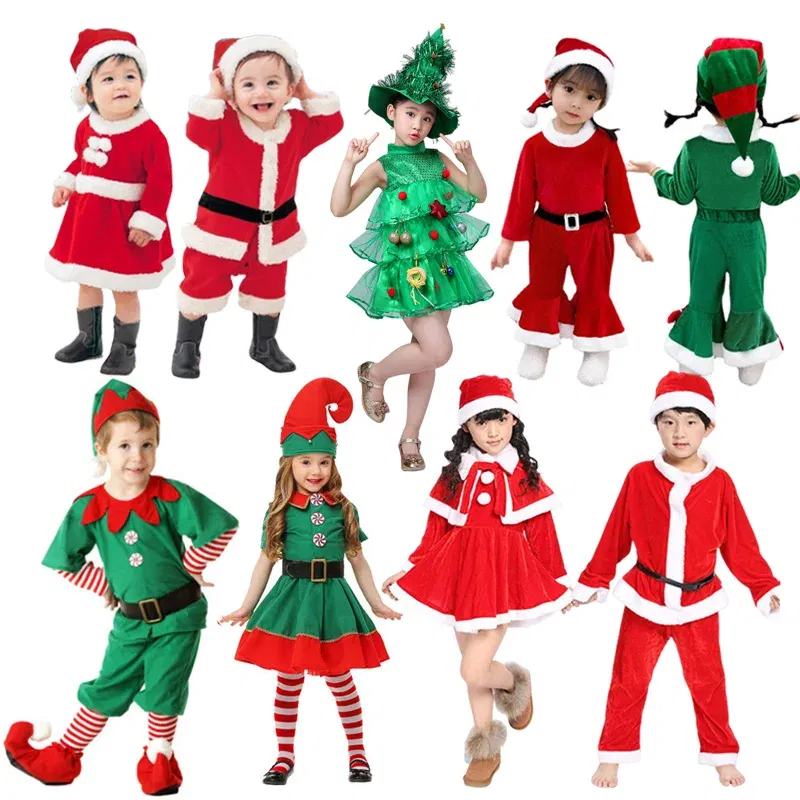 Color: MULTI, Kid Size: 13 - New Year Kids Santa Claus Costume Green Elf Cosplay Christmas Carnival Party Fancy Dress for Girls Boys Red Xmas Clothes Set
