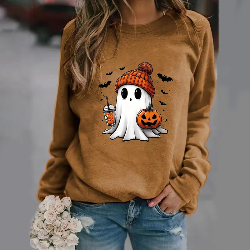 Color: Dark Brown, Size: XXXL - Cute Ghost Pattern Sweater Women's Casual Halloween Ghost Harajuku Pullover Fall Women's Tops