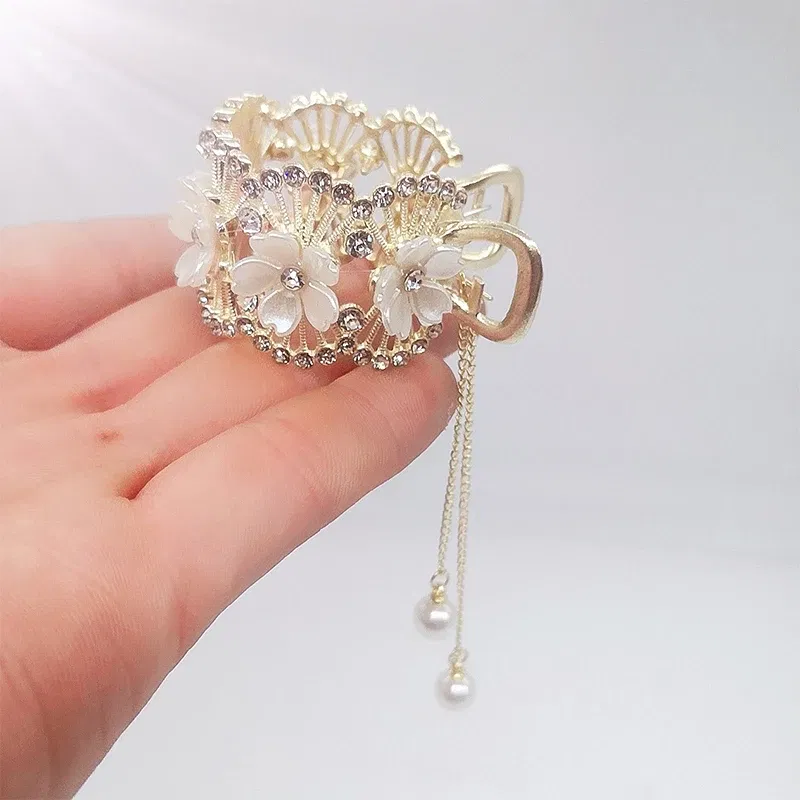 Color: black - Fashion Rhinestone Tassel Pearl Hair Claws Flowers Hair Clip Women Barrettes Ponytail Holder Hairpins Hair Accessories Gifts