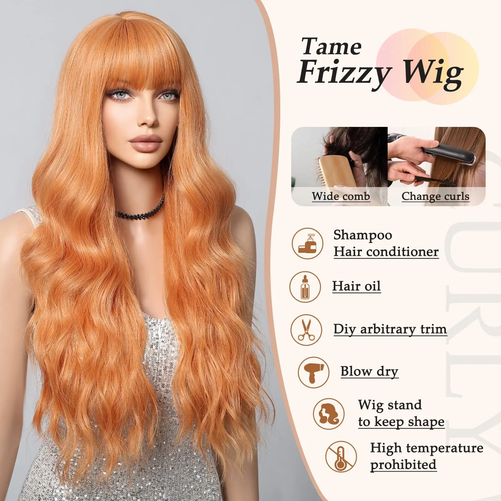 Color: P1B/27 - Orange synthetic wig with big waves for party, Halloween cosplay, daily use wig, high-temperature hair accessory
