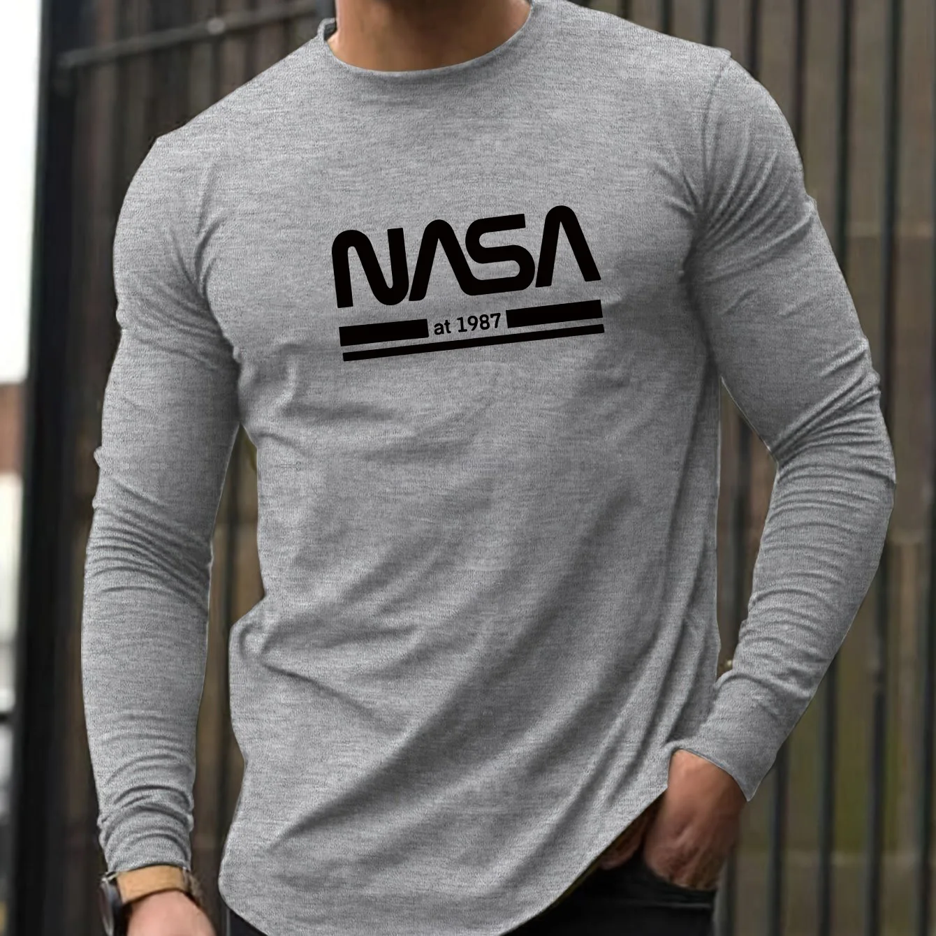 Color: Dark Grey, Size: M - Men's Spring and Autumn 100% Cotton Loose Comfortable Casual NASA Letter Printed Round Neck Long Sleeve T-shirt