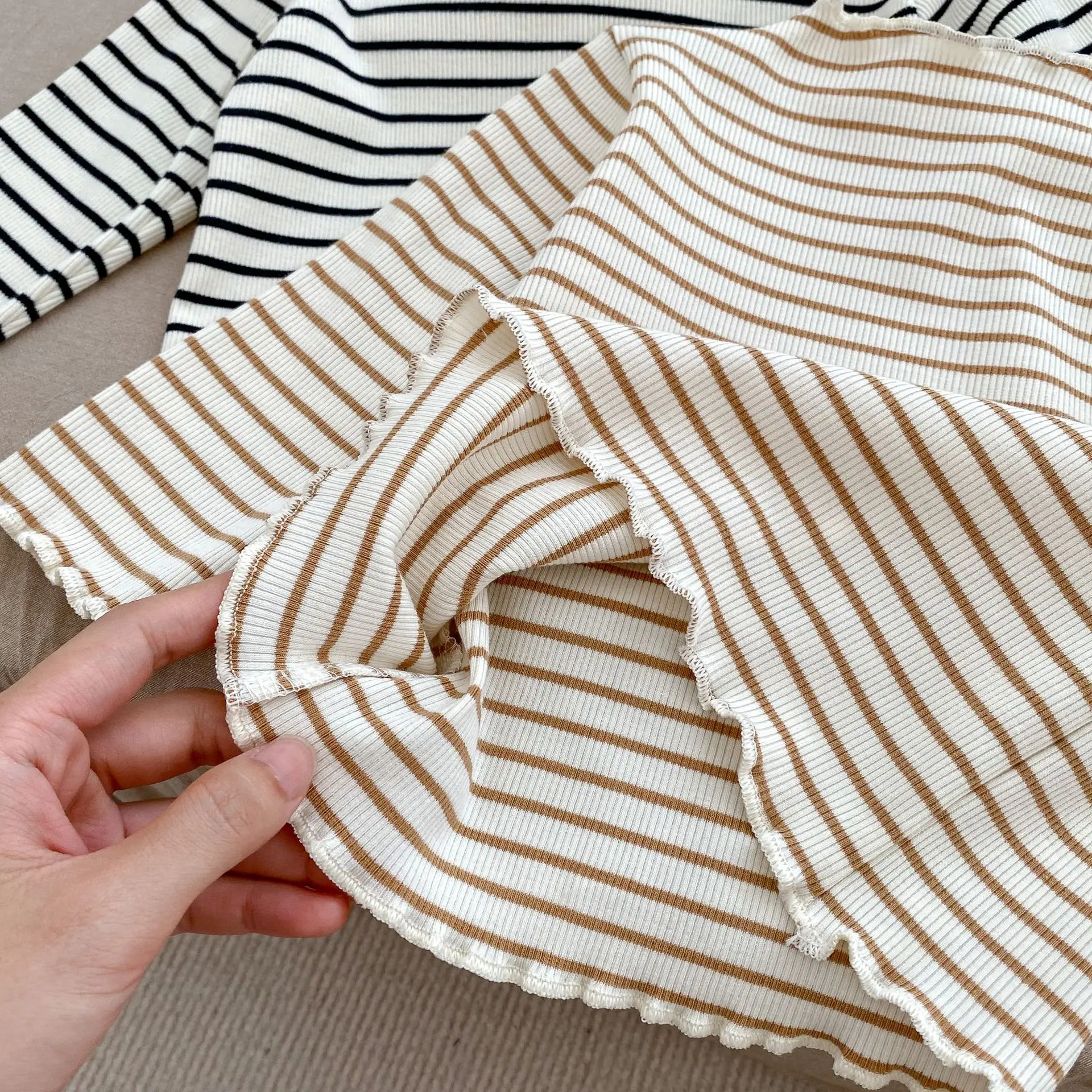 Color: Brown, Kid Size: 6M - New Baby Long Sleeve T Shirt Girls Cotton Casual Tees Infant Ruffled Versatile Shirts Kids Floral Striped Bottoming Tops