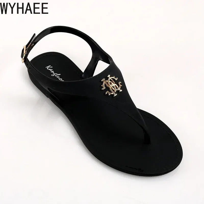 Color: black, Shoe Size: 38 - 2023 New Summer Women's Sandals Fashion Open Toe Jelly Flip Flops Non-slip Buckle Flat Sandals All-match Women's Sandals