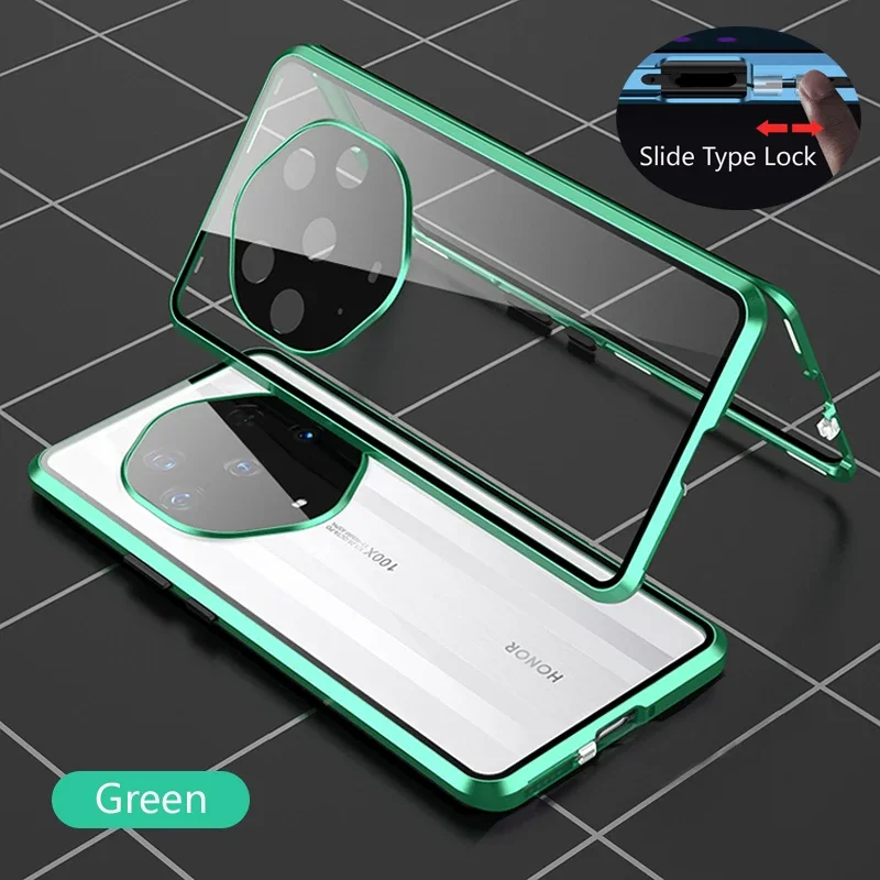 Color: green, Material: PE - Double Sided Glass Magnetic Metal Snap Lock Phone Case For Honor Magic 4 5 Ultimate 6 Lite 7 Pro Lens Protection Cover Cases