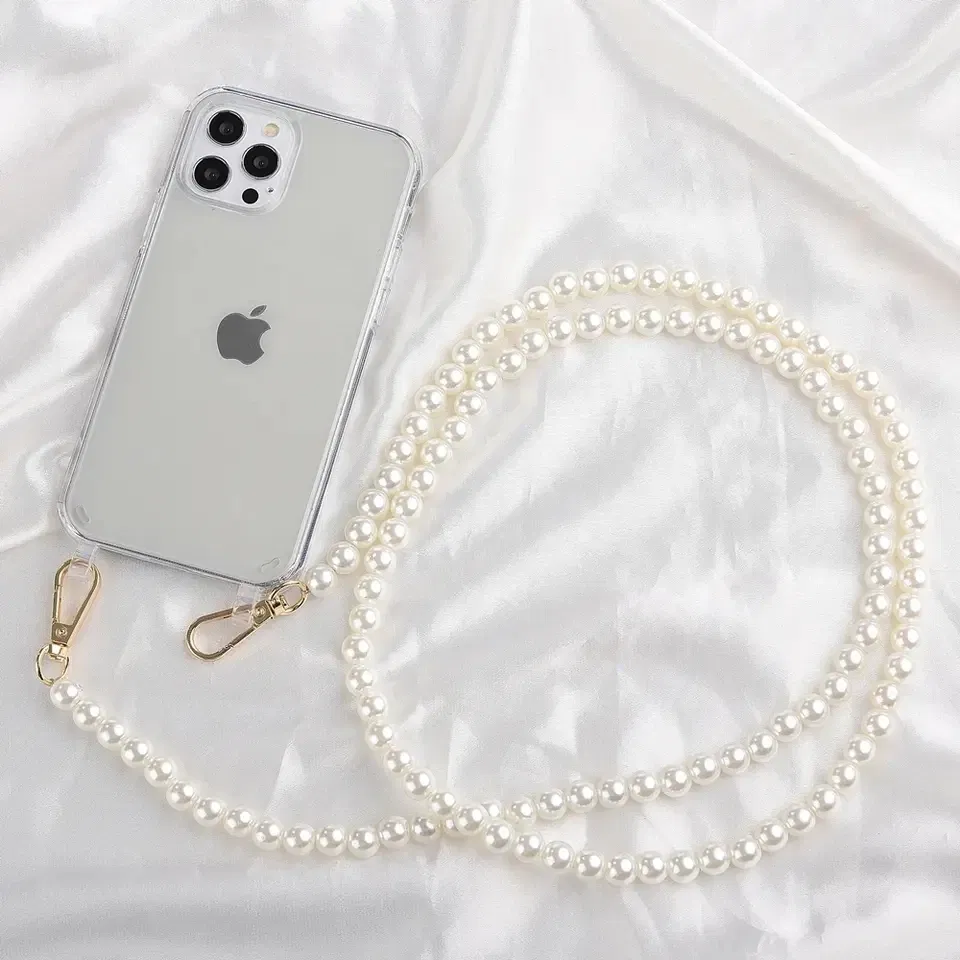 Color: Dark Brown, Bundle: Case & Strap, Material: Denim - Crossbody Lanyard Necklace Pearl Bracelet Phone Case with Chain for Iphone 13 12 14 Pro Max 15 X XS 6S 7 8 Plus Cover with Strap