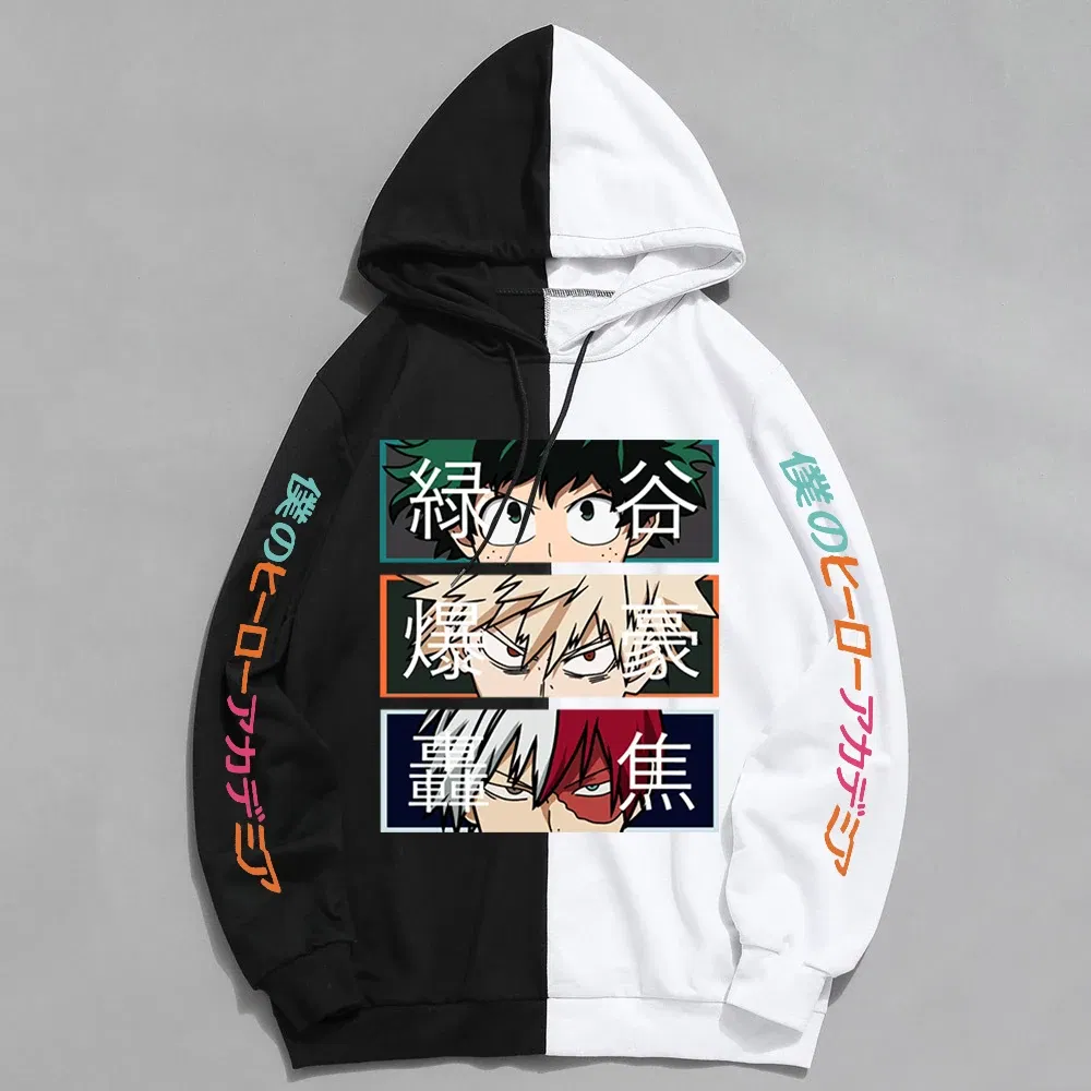 Color: black, Size: L - 2022 New Anime My Hero Academia Hoodies Men Pullover Hiphop Hooded Sweatshirt Patchwork Women Streetwear Long Sleeve Unisex Tops