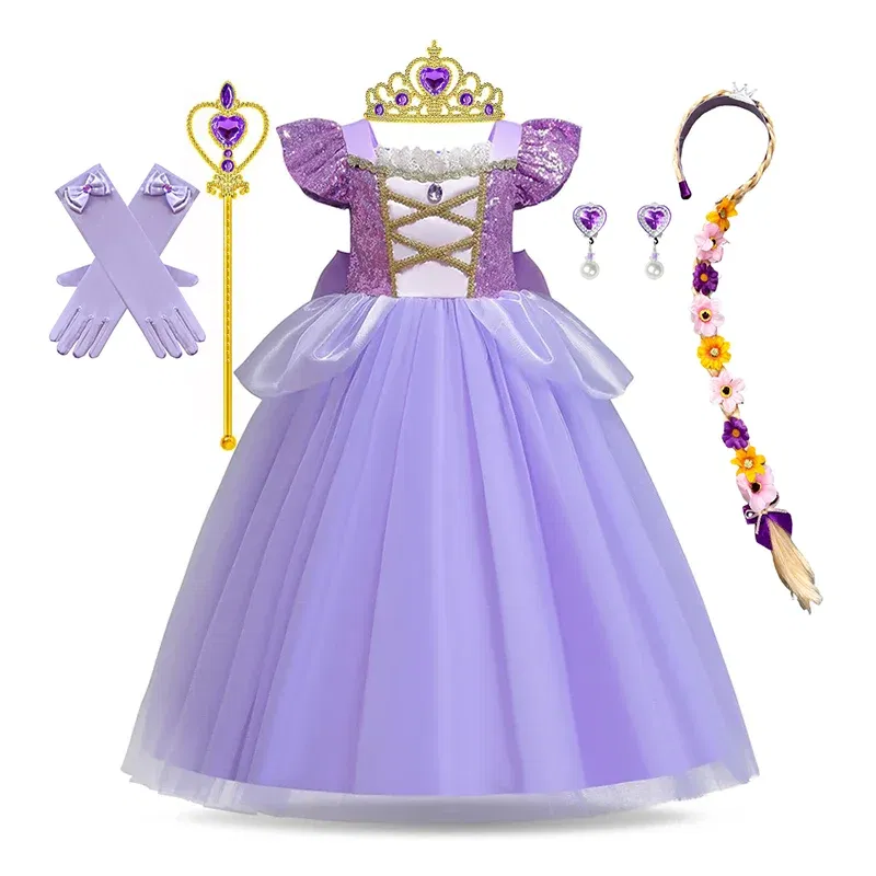 Color: Gold, Kid Size: 5 - Disney Deluxe Elegant Rapunzel Princess Ball Gown Fancy Birthday Party Dress Cinderella Vestidos Costume Play Carnival Apparel