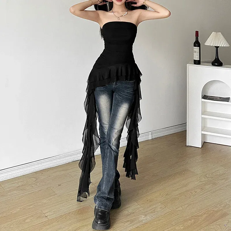 Color: black, Size: L - Nibber 2024 Spring New Solid Color Sweet Gentle Cute All-match High Street Travel Sexy Cool Women Chest Wrap ruched Tassel Vest