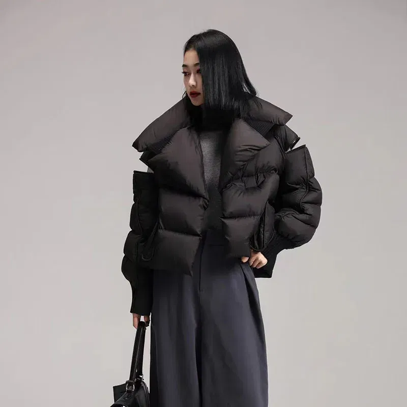 Color: Blue, Size: M - Overcoat 2025 New Fashion Women Down Jacket Winter White Duck Down High Quality Knitted Patchwork Lapel Women Down Jacket H132