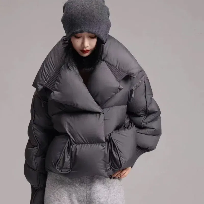 Color: Blue, Size: M - Overcoat 2025 New Fashion Women Down Jacket Winter White Duck Down High Quality Knitted Patchwork Lapel Women Down Jacket H132
