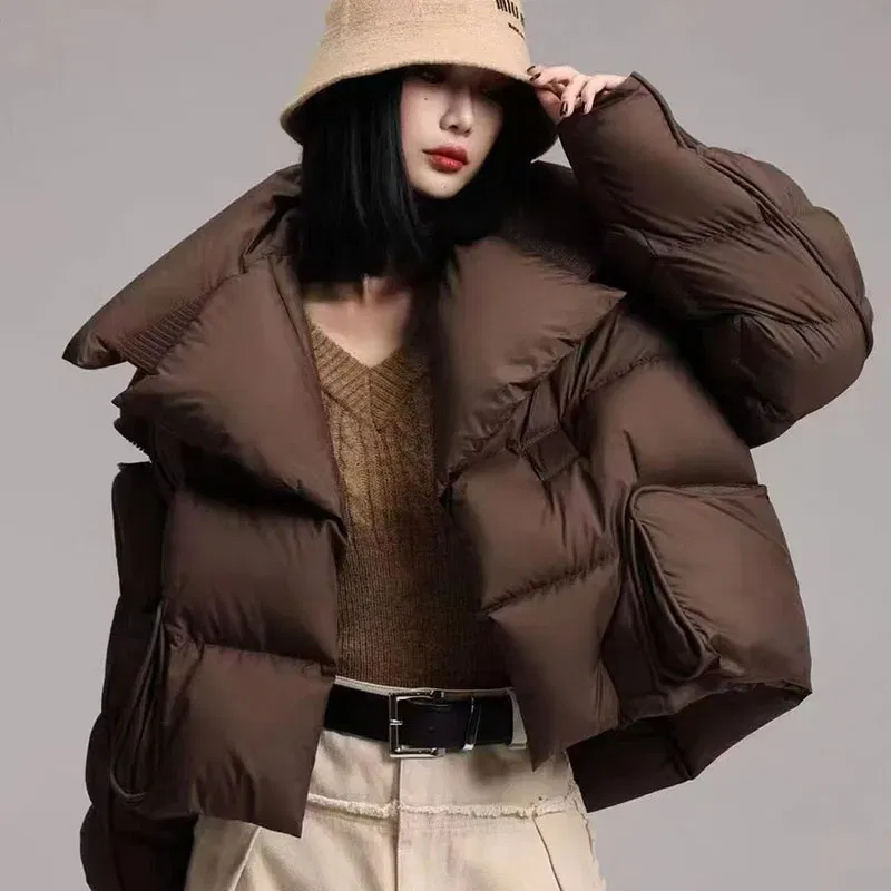 Color: Blue, Size: M - Overcoat 2025 New Fashion Women Down Jacket Winter White Duck Down High Quality Knitted Patchwork Lapel Women Down Jacket H132