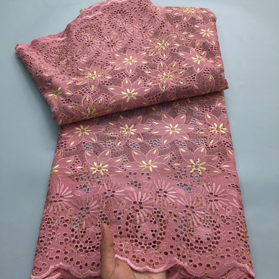 Color: PURPLE, length: 5 yards, Width: 120cm - Black Swiss Lace Fabric High Quality 2025 Embroidered Rhinestones Nigerian Cotton Lace Fabric African Dress for Women Sew A4212