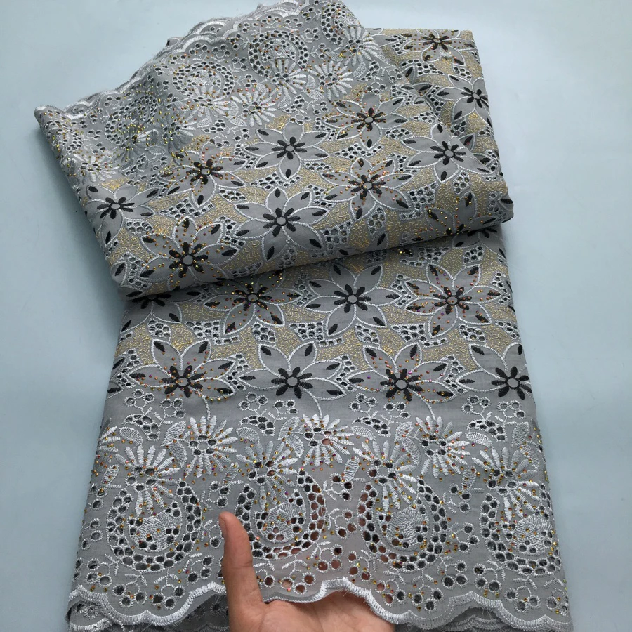 Color: PURPLE, length: 5 yards, Width: 120cm - Black Swiss Lace Fabric High Quality 2025 Embroidered Rhinestones Nigerian Cotton Lace Fabric African Dress for Women Sew A4212