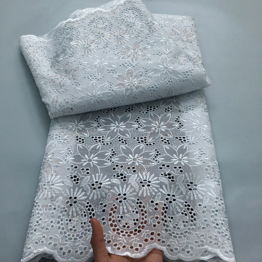 Color: PURPLE, length: 5 yards, Width: 120cm - Black Swiss Lace Fabric High Quality 2025 Embroidered Rhinestones Nigerian Cotton Lace Fabric African Dress for Women Sew A4212