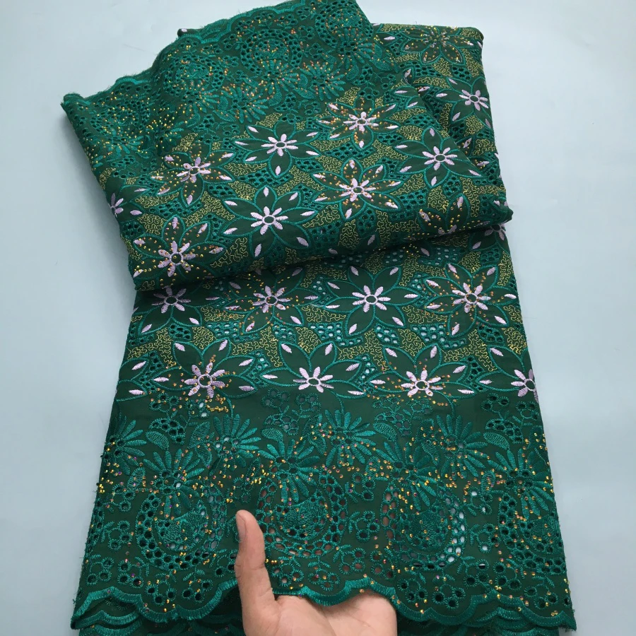 Color: PURPLE, length: 5 yards, Width: 120cm - Black Swiss Lace Fabric High Quality 2025 Embroidered Rhinestones Nigerian Cotton Lace Fabric African Dress for Women Sew A4212