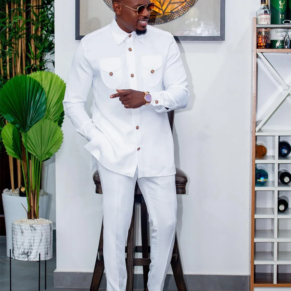 Color: Khaki, Size: L - 2025 New men's suit, white pocket, 2-piece set, luxury wedding casual suit, traditional African style of ethnic minorities