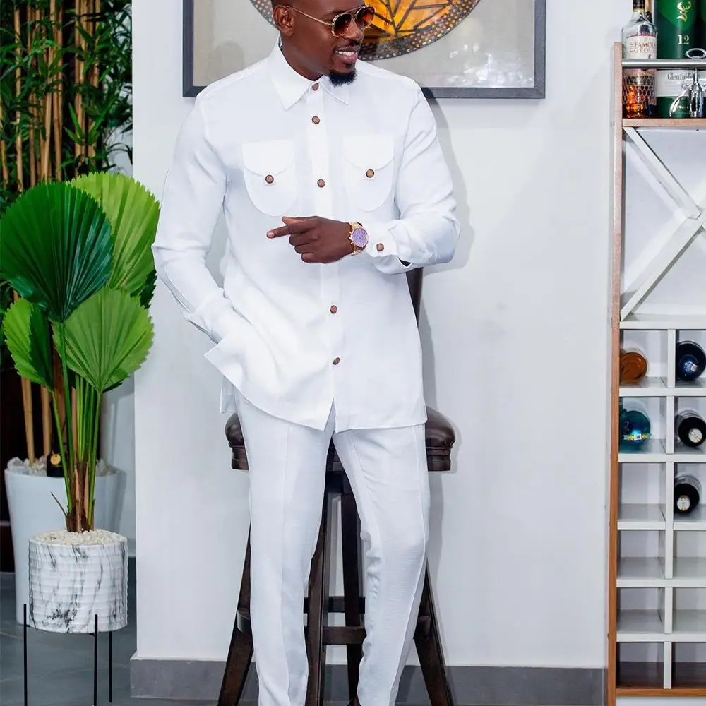 Color: Khaki, Size: L - 2025 New men's suit, white pocket, 2-piece set, luxury wedding casual suit, traditional African style of ethnic minorities