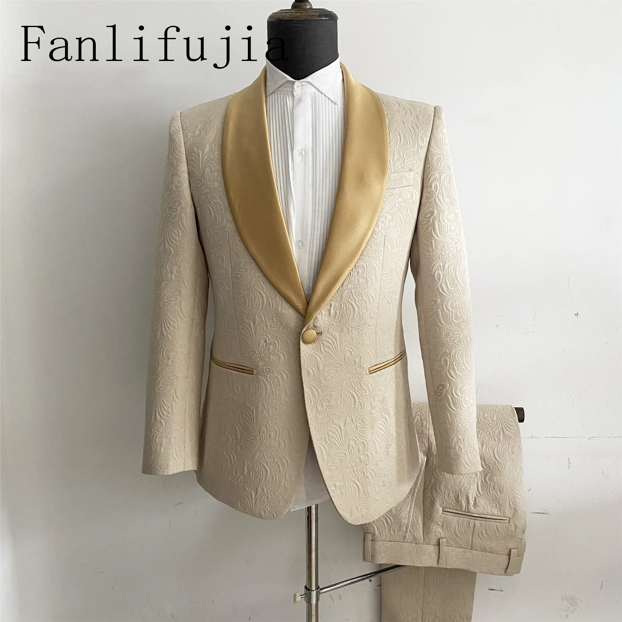 Color: Champagne, Size: 5XL - Fanlifujia Mens Wedding Suits 2023 Italian Design Custom Made Champagne Smoking Tuxedo Jacket 2 Piece Groom Terno Suits For Men