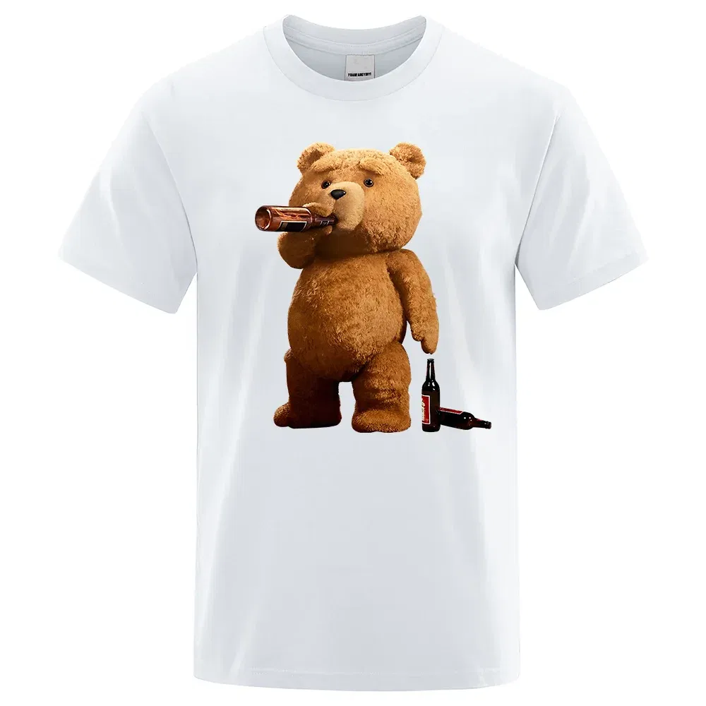 Color: WHITE, Size: M - Lovely Ted Bear Drink Beer Poster Funny Printed T-Shirt Men Fashion Casual Short Sleeves Loose Oversize Tee Street Hip Hop Tops