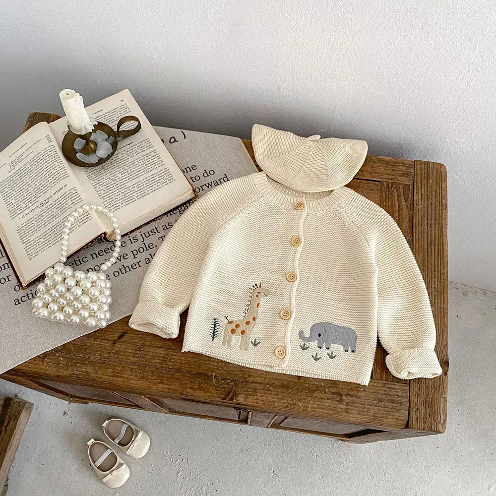 Color: Beige, Kid Size: 12M - 0-3 Y Autumn Baby Girls Clothes Animal Embroidery Sweaters Beige Knitwear O Neck Cardigans