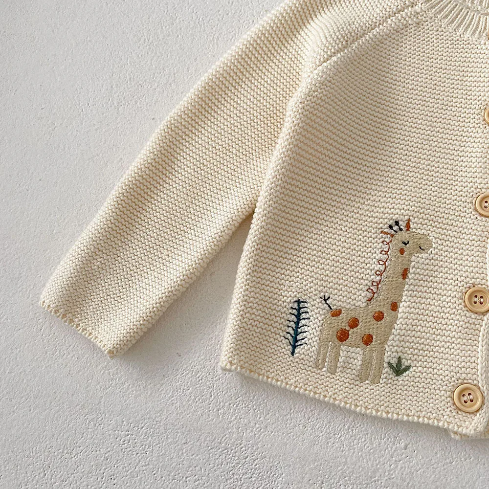 Color: Beige, Kid Size: 12M - 0-3 Y Autumn Baby Girls Clothes Animal Embroidery Sweaters Beige Knitwear O Neck Cardigans