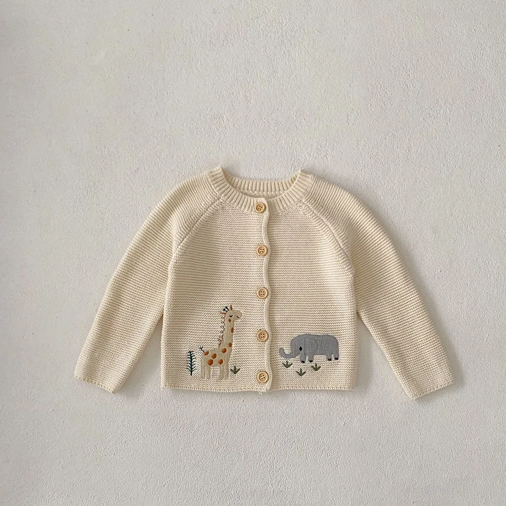 Color: Beige, Kid Size: 12M - 0-3 Y Autumn Baby Girls Clothes Animal Embroidery Sweaters Beige Knitwear O Neck Cardigans