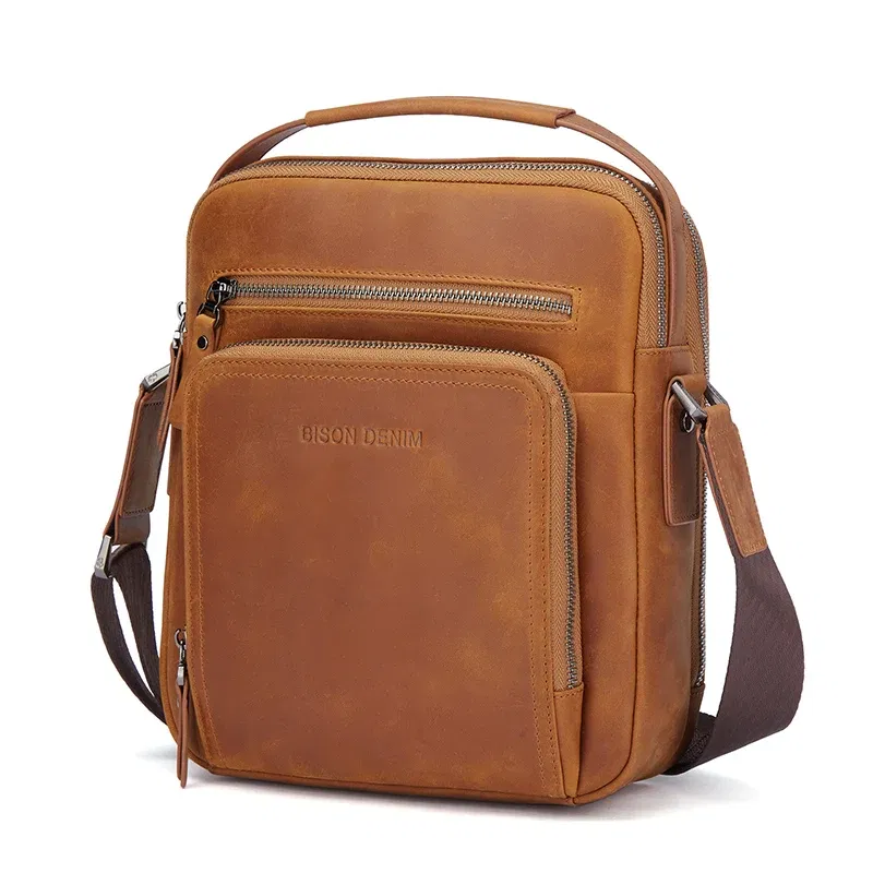 Color: green, Ships From: CN - BISON DENIM Classic Black Male Bag Genuine Leather Business Crossbody Bag iPad Mens Messenger Bag Casual bolsas male N2845