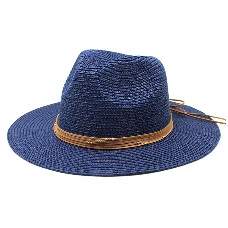 Color: Blue, Size: L - Big Size 60CM New Straw Hat 7cm Brim Summer Cooling Beach Sun Hat Outdoor Party Panama Jazz Hat Sombreros De Mujer
