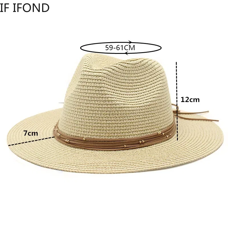 Color: Blue, Size: L - Big Size 60CM New Straw Hat 7cm Brim Summer Cooling Beach Sun Hat Outdoor Party Panama Jazz Hat Sombreros De Mujer