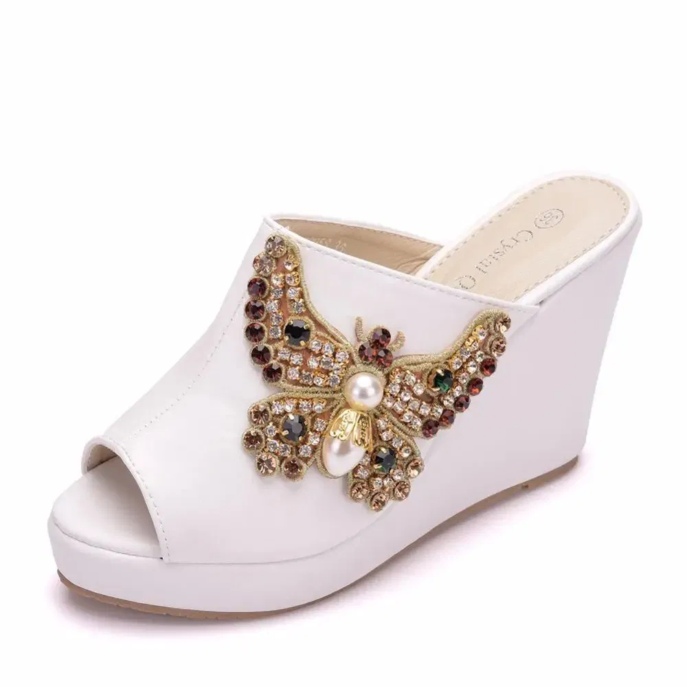 Color: Beige, Shoe Size: 39 - Crystal Queen 10cm Peep Toe Platform Wedges Slippers High Heels Beach Sandals Women