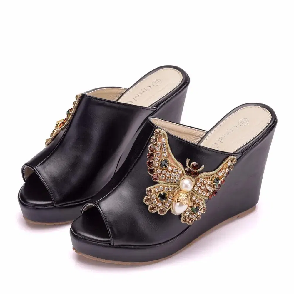 Color: Beige, Shoe Size: 39 - Crystal Queen 10cm Peep Toe Platform Wedges Slippers High Heels Beach Sandals Women