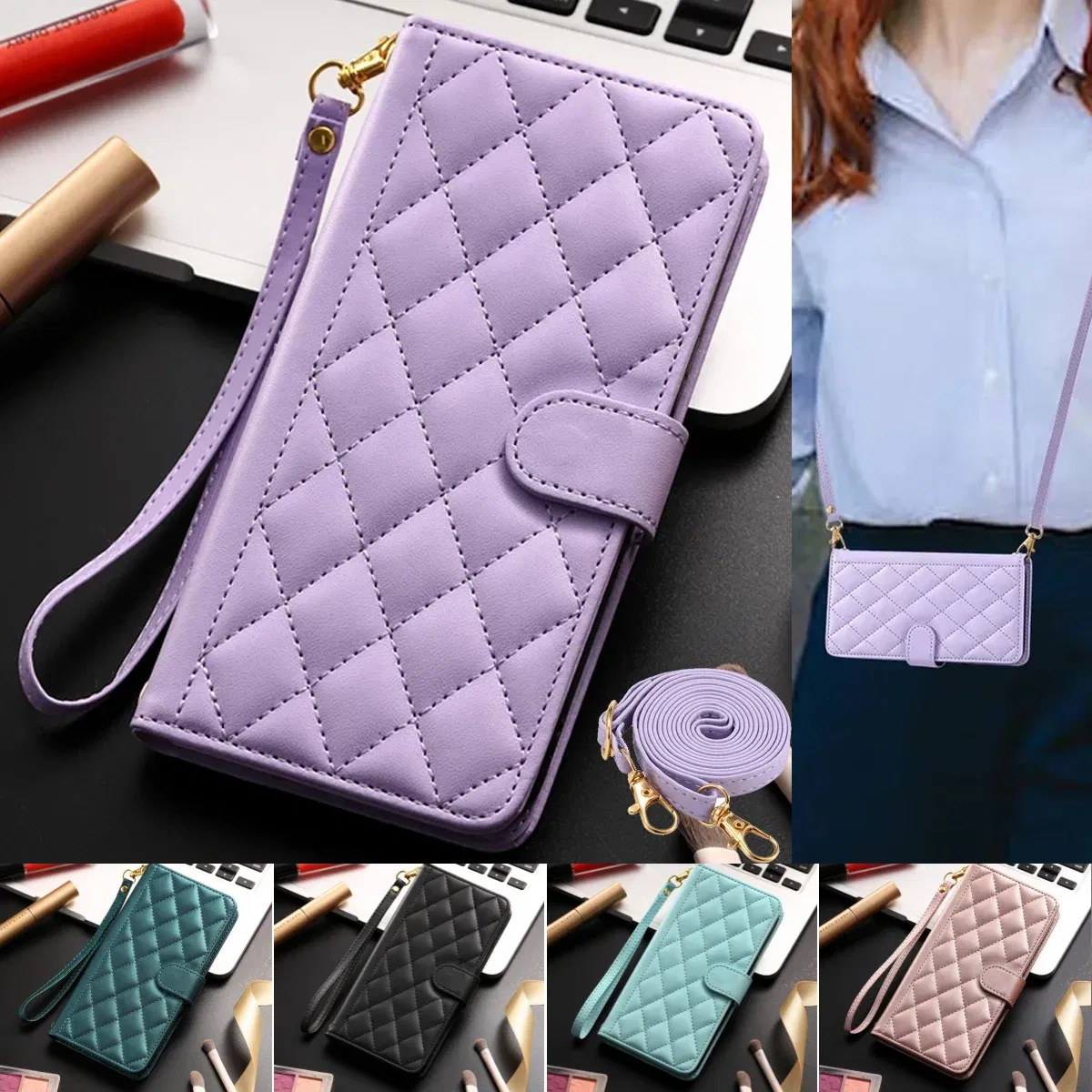 Material: PC, Color: Black - Long lanyard Flip Leather Phone Case for Samsung Galaxy S24 Ultra S23 FE S22 S21 S20 S10 Plus Wallet Card Cover Coque