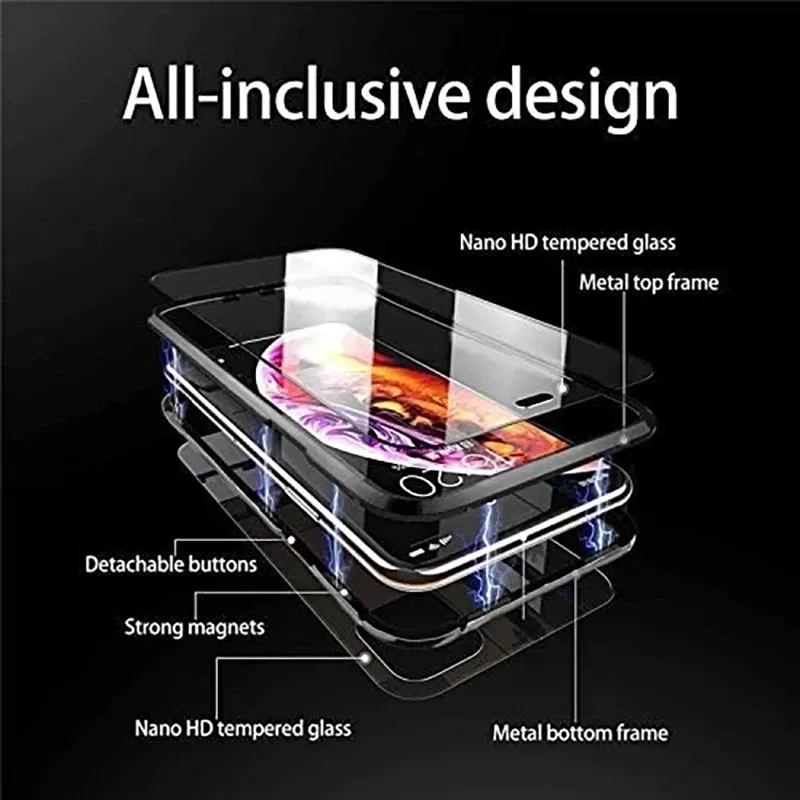 Color: Black, Material: PE - Magnetic Metal Case For iPhone 15 14 13 12 11 Pro 14Pro Max XS X XR 7 8 14Plus 12 Mini SE 2020 Double Sided Tempered Glass Cover