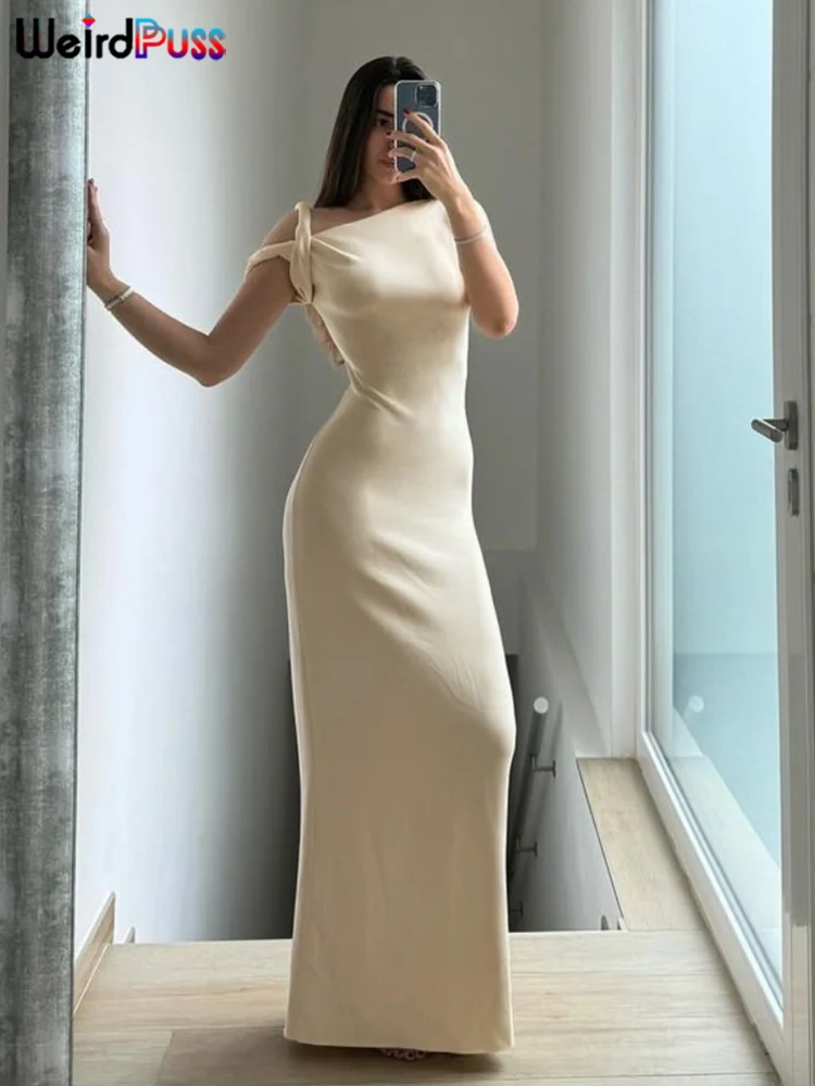 Color: Beige, Size: L - Weird Puss Bandage Dress Woman Summer Sexy Irregular Solid Sheath Chic Stretch  Body-Shape Smooth Birthday Party Elegant Bodycon
