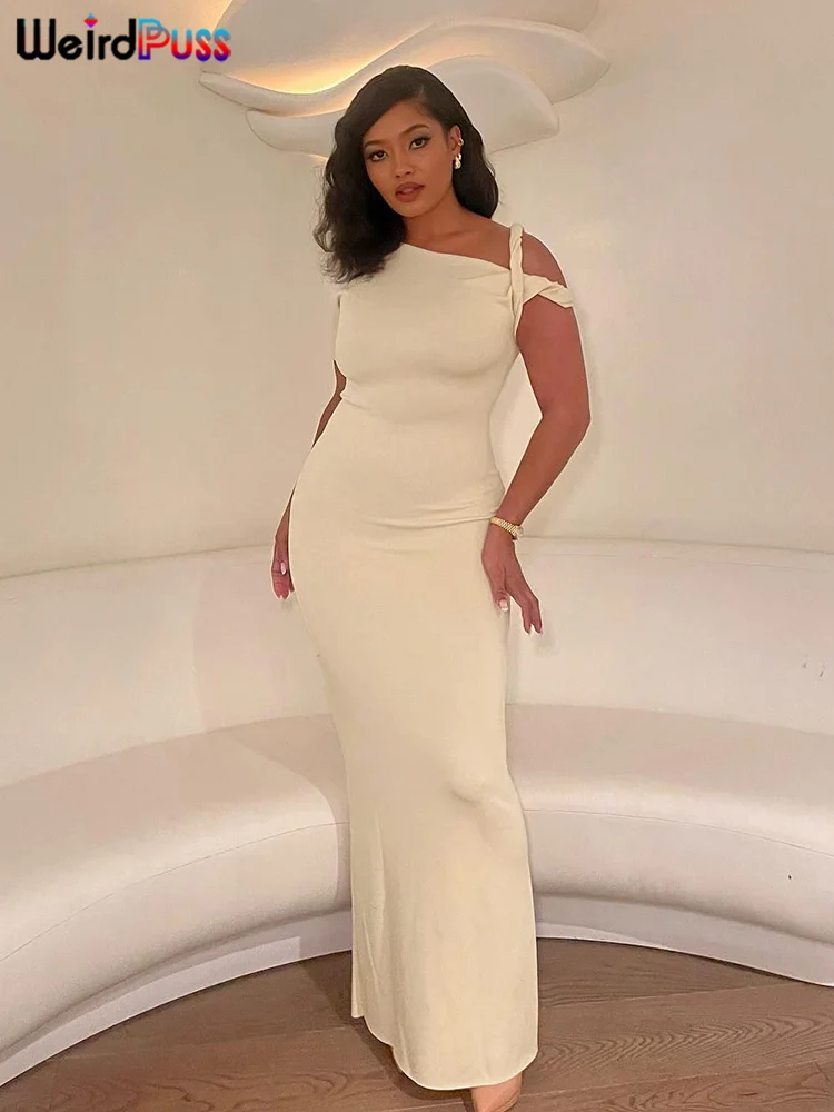 Color: Beige, Size: L - Weird Puss Bandage Dress Woman Summer Sexy Irregular Solid Sheath Chic Stretch  Body-Shape Smooth Birthday Party Elegant Bodycon
