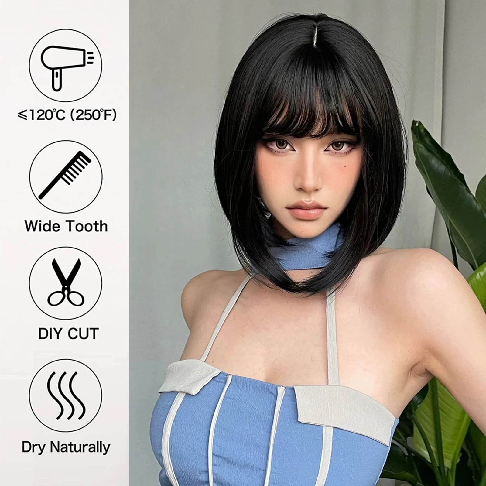 Color: #99J, Stretched Length: 12inches - Bob Black Synthetic Wigs Straight Cosplay Short Daily Natural Looking Hair Wig with Bangs Heat Resistant Fiber for Women Afro