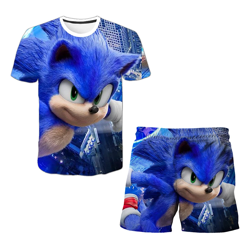 Color: army green, Size: M - New Japanese cartoon Sonic T-shirt children's top T-shirt shorts two-piece set summer boy cartoon cute T-shirt+beach pants