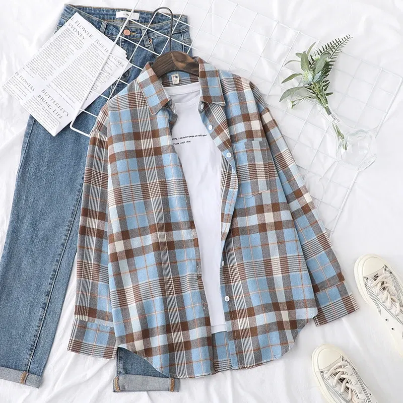 Color: APRICOT, Size: L - Fresh Flannel Plaid Shirt Women 2025 New Female Blouses and Tops Cotton Loose Long Sleeve Casual Shirts Fine Women's Clothes