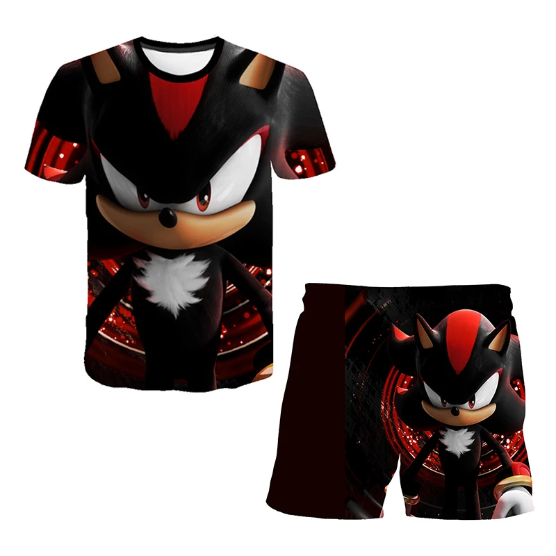 Color: light green, Size: 25cm - New Japanese cartoon Sonic T-shirt children's top T-shirt shorts two-piece set summer boy cartoon cute T-shirt+beach pants