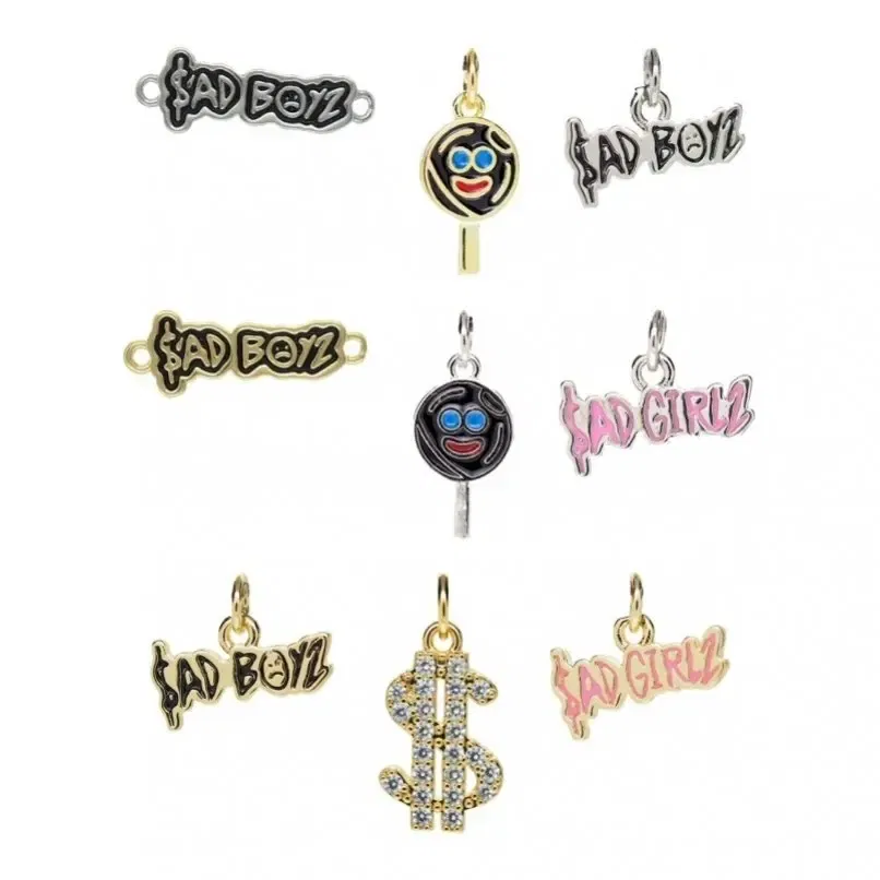 Metal color: Blue white zinc plated - 10Pcs Letter Sadboyz or Sadgirls Black Enamel  Copper Gold Color Pendant Charms for Jewelry Making