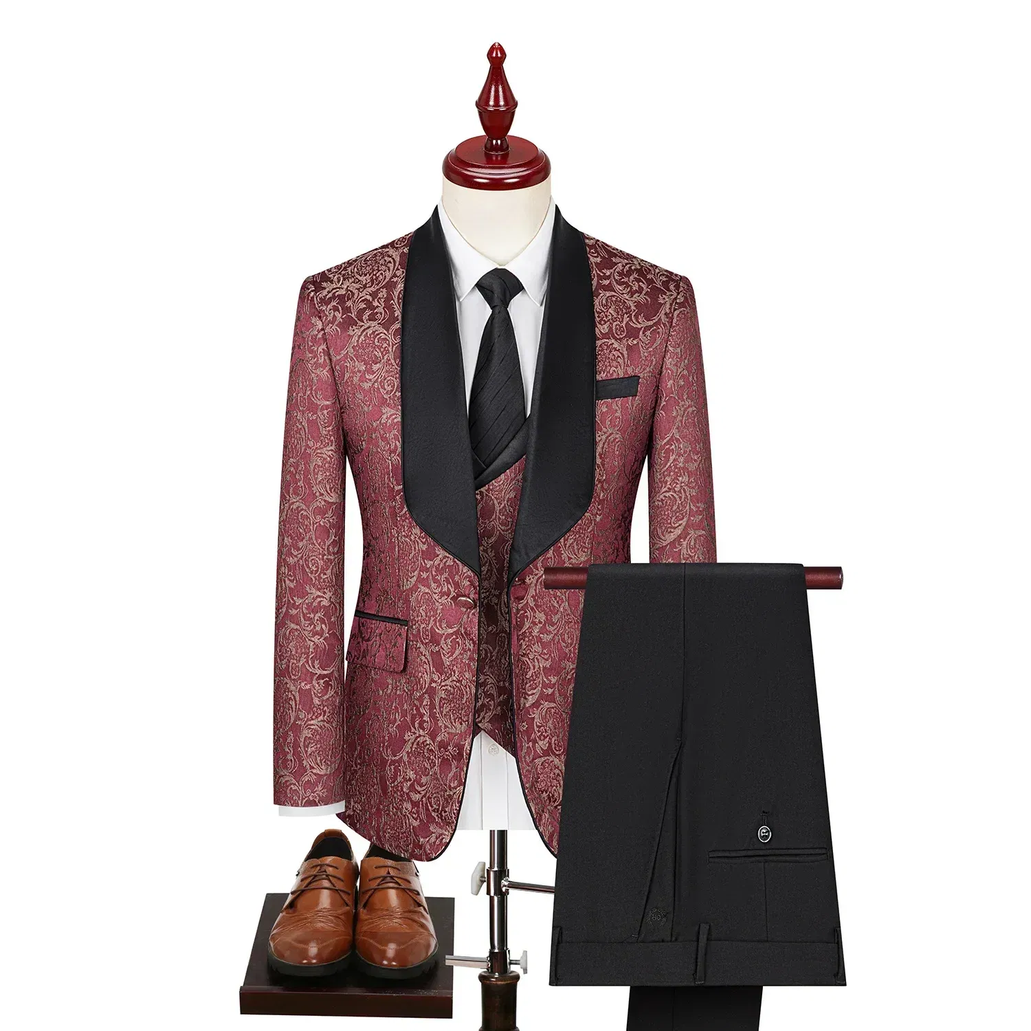 Color: Red, Size: 56 - 2024 Plus-size Men's Jacquard Suit Wedding Dress Groom Suit Host Performance Costume Wedding Suits for Men