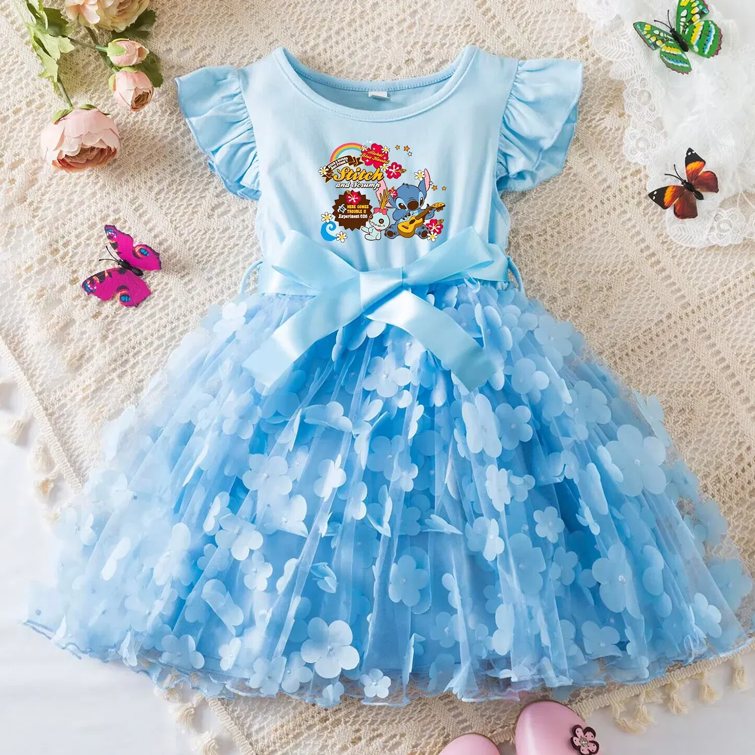 Color: Pink, Size: L - 3D Butterfly Cute Lilo Stitch Summer Dress for Kid's Casual Clothes Baby Girls Beautiful Princess Dress Party Dresses 2-6 Yrs