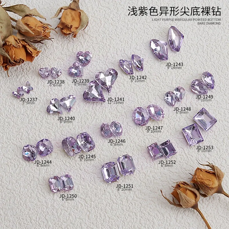 Color: Lavender - 20pcs Nail Art Light Purple Sparkling Crystal Glass Diamond Violet Pointed Bottom Bare Rhinestone Gem Nail Accessories Charms