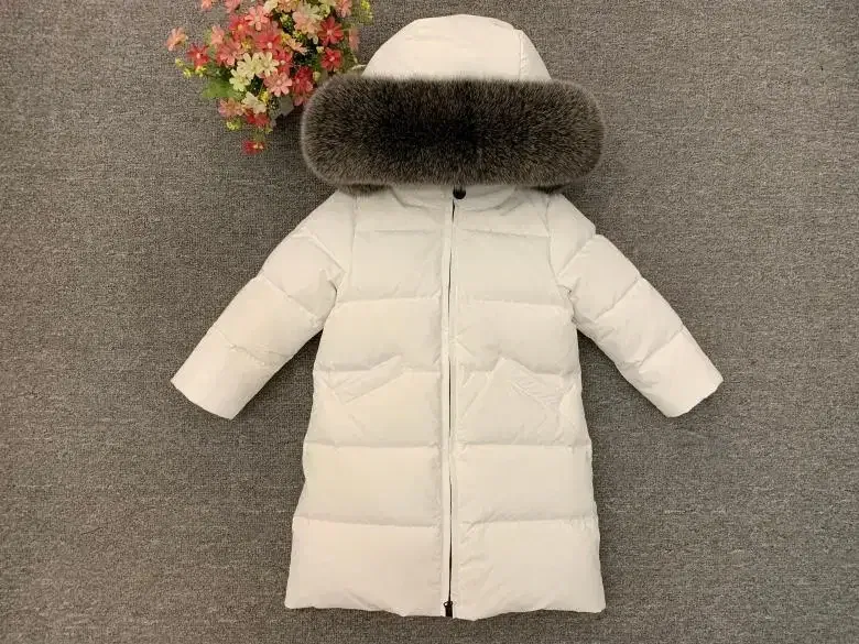 Color: Silver, Kid Size: 6 - Children Girl boy Winter real fur thickened down jackets 90 down Long Coat jacket overcoat baby kids clothing -30 outwear ws1245